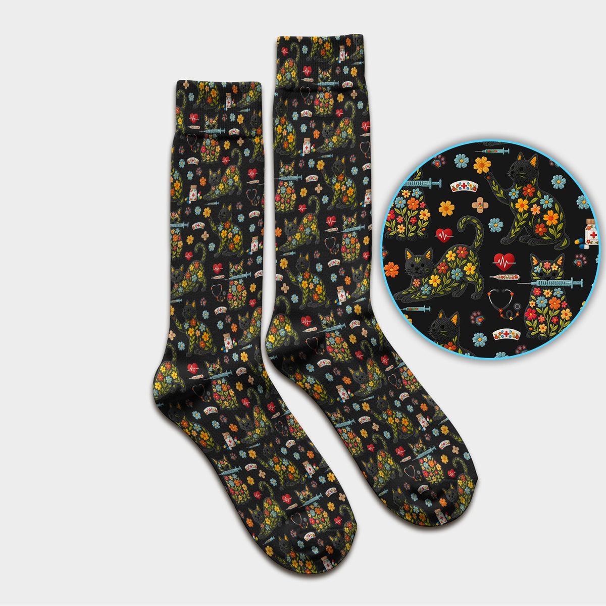 Floral Black Cat Nurse Socks