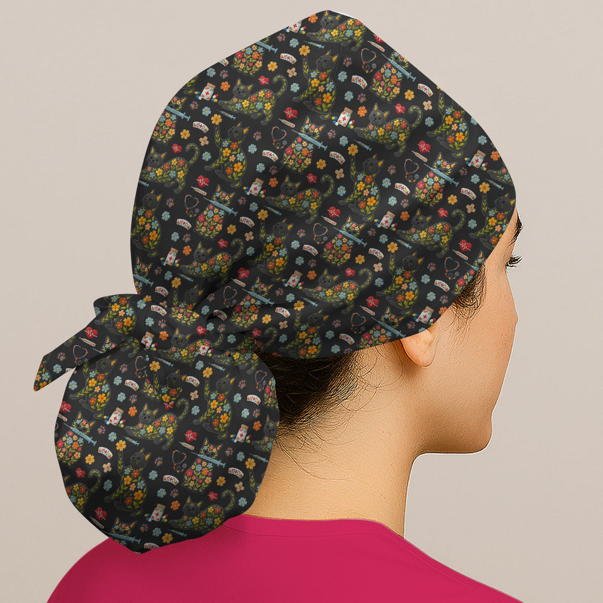 Floral Black Cat Scrub Cap