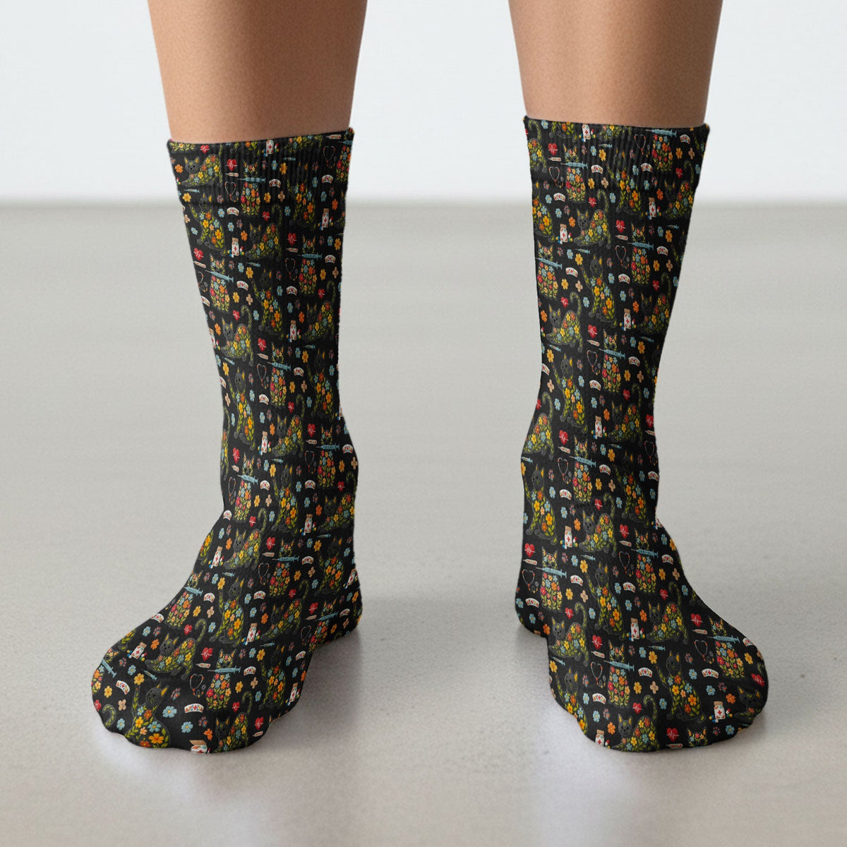 Floral Black Cat Nurse Socks