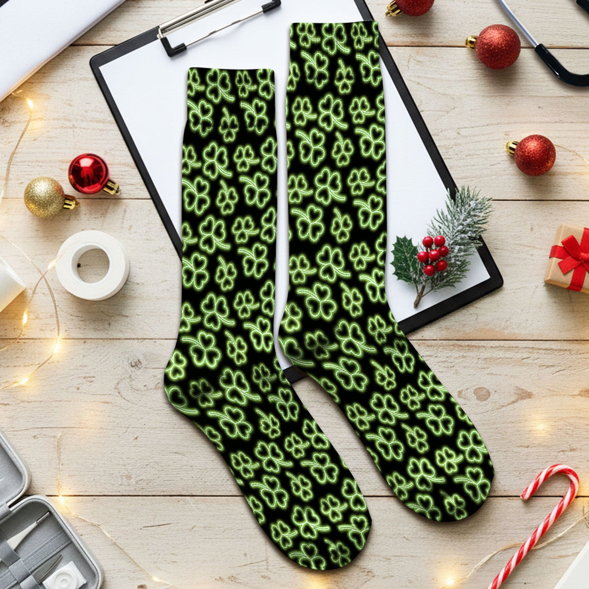 Neon Shamrock Glow Green Nurse Socks - St Patricks Day Gift