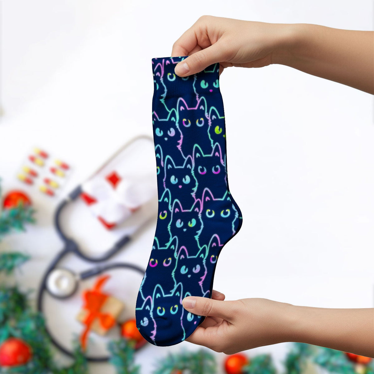 Neon Black Cat Nurse Socks