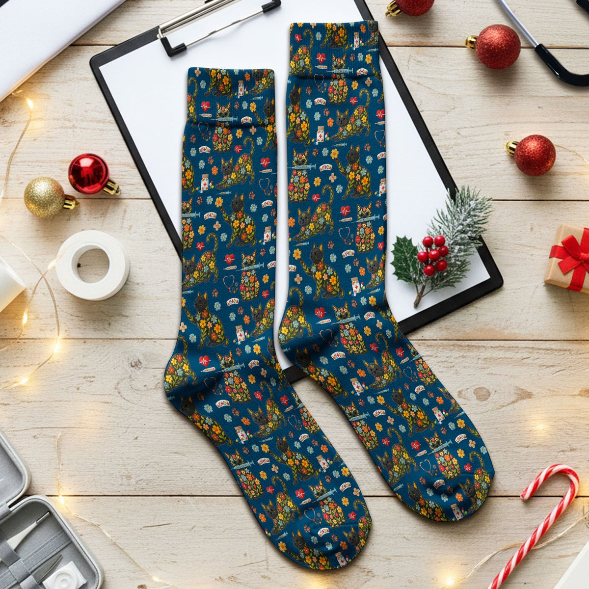 Floral Black Cat Nurse Socks