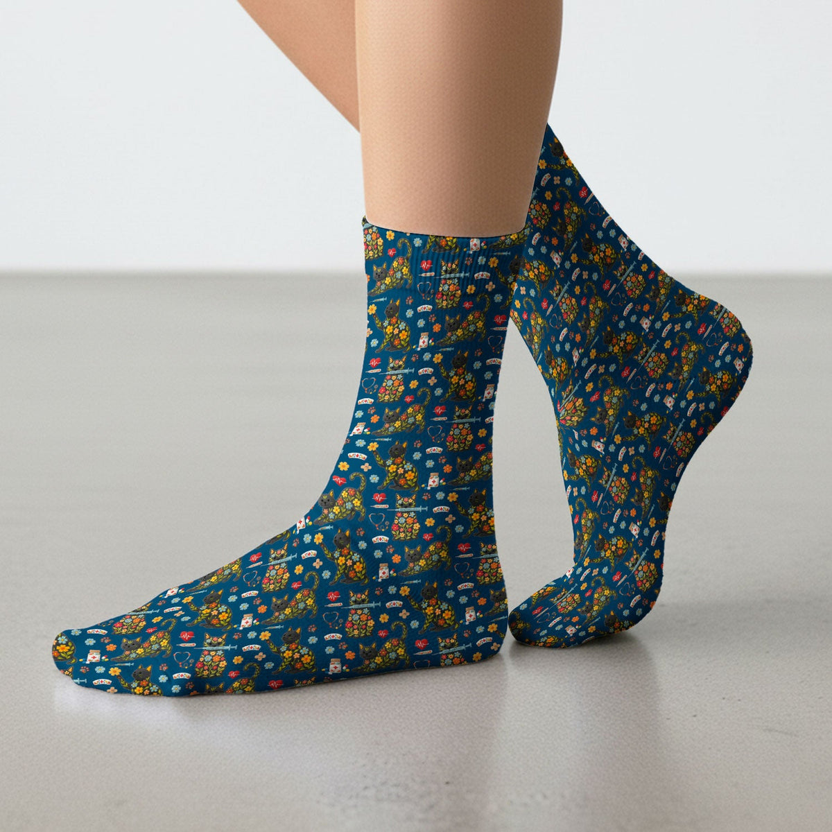 Floral Black Cat Nurse Socks