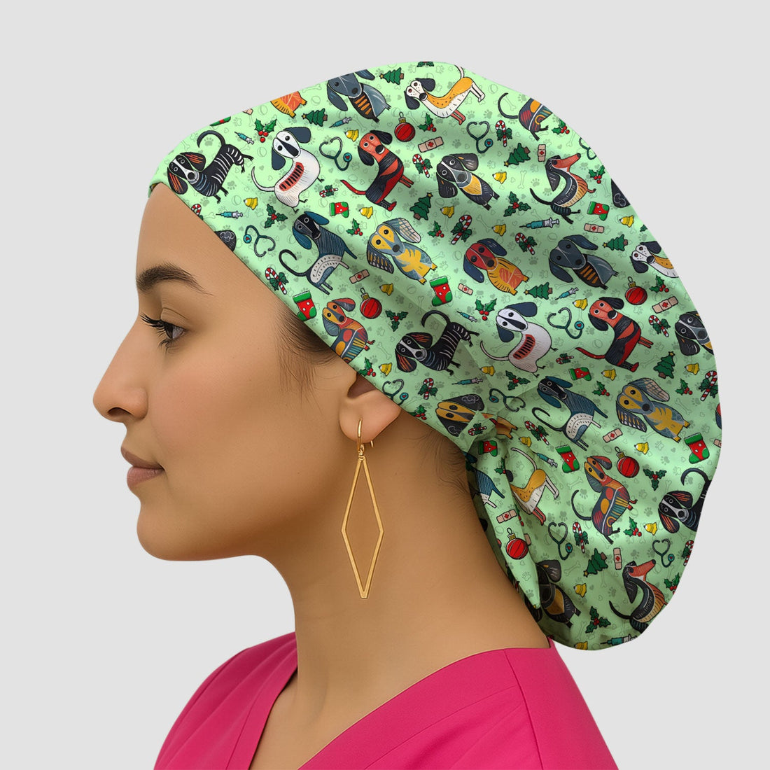 Green Christmas Wiener Dog Scrub Cap