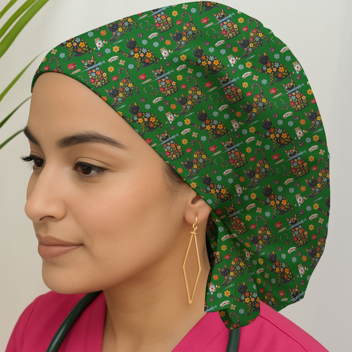 Floral Black Cat Scrub Cap