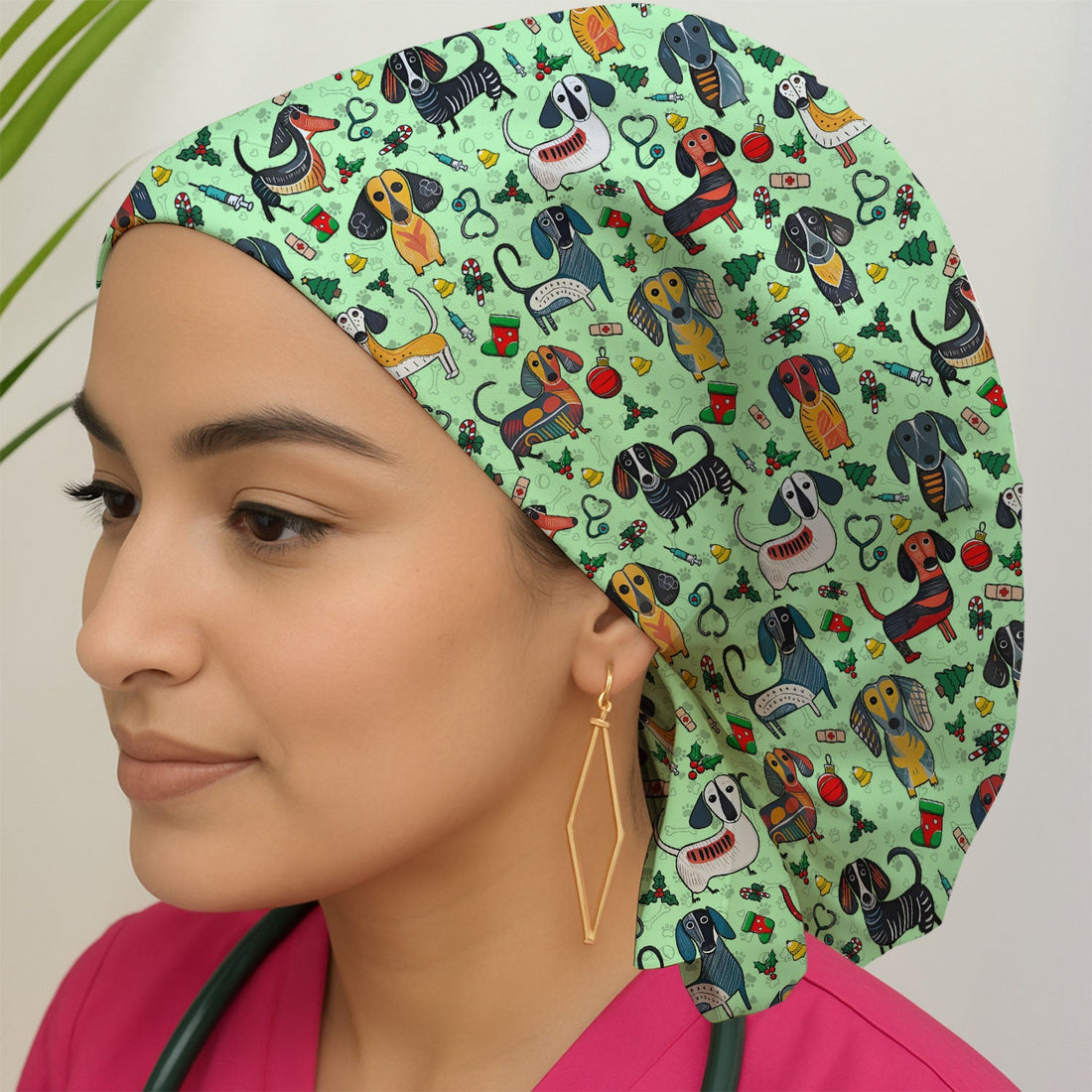 Green Christmas Wiener Dog Scrub Cap