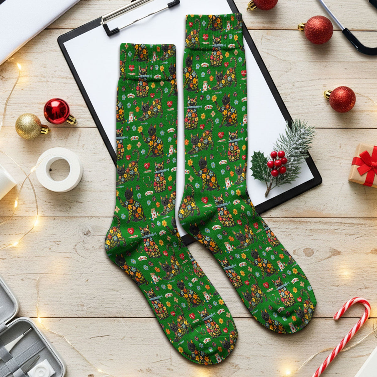 Floral Black Cat Nurse Socks