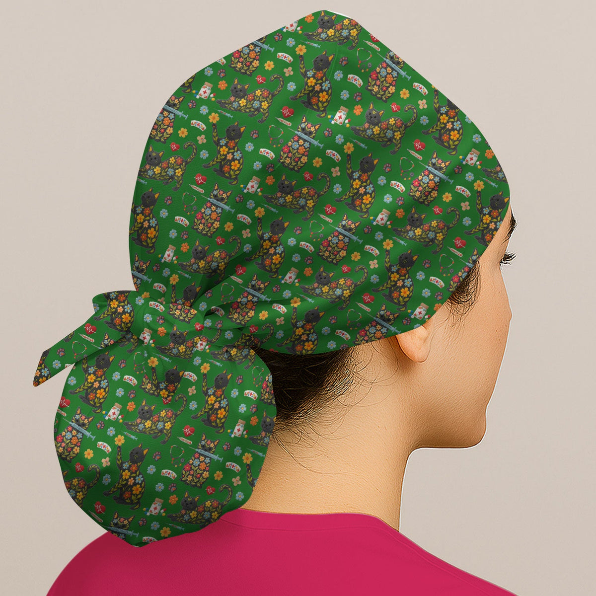 Floral Black Cat Scrub Cap