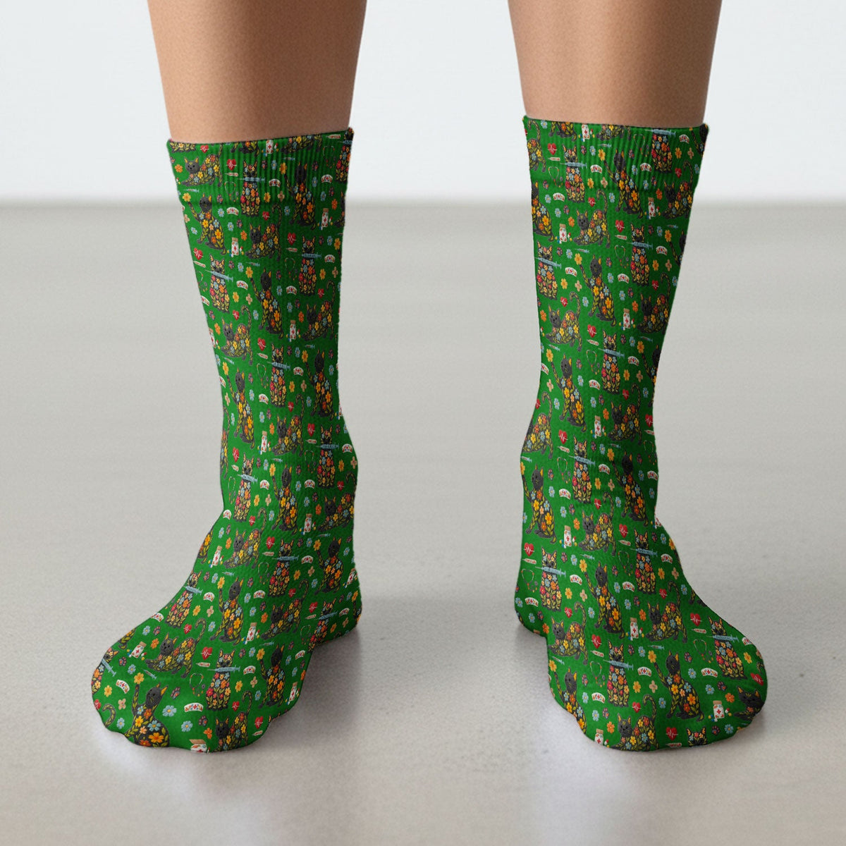 Floral Black Cat Nurse Socks