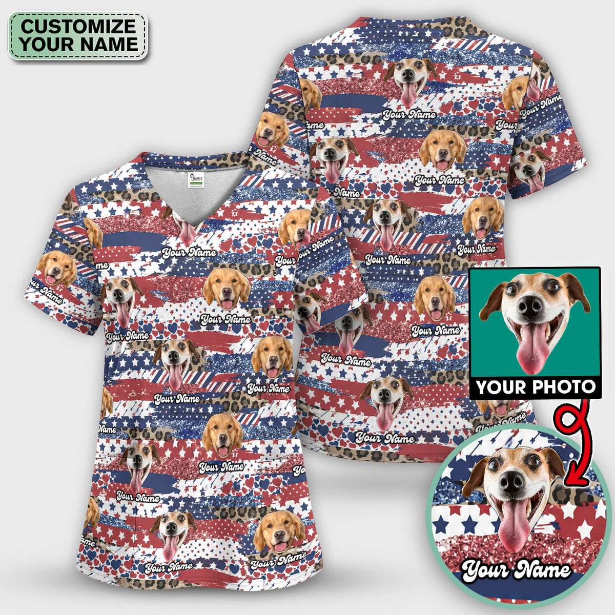 Dog Photo Flag Nurse Scrub Top