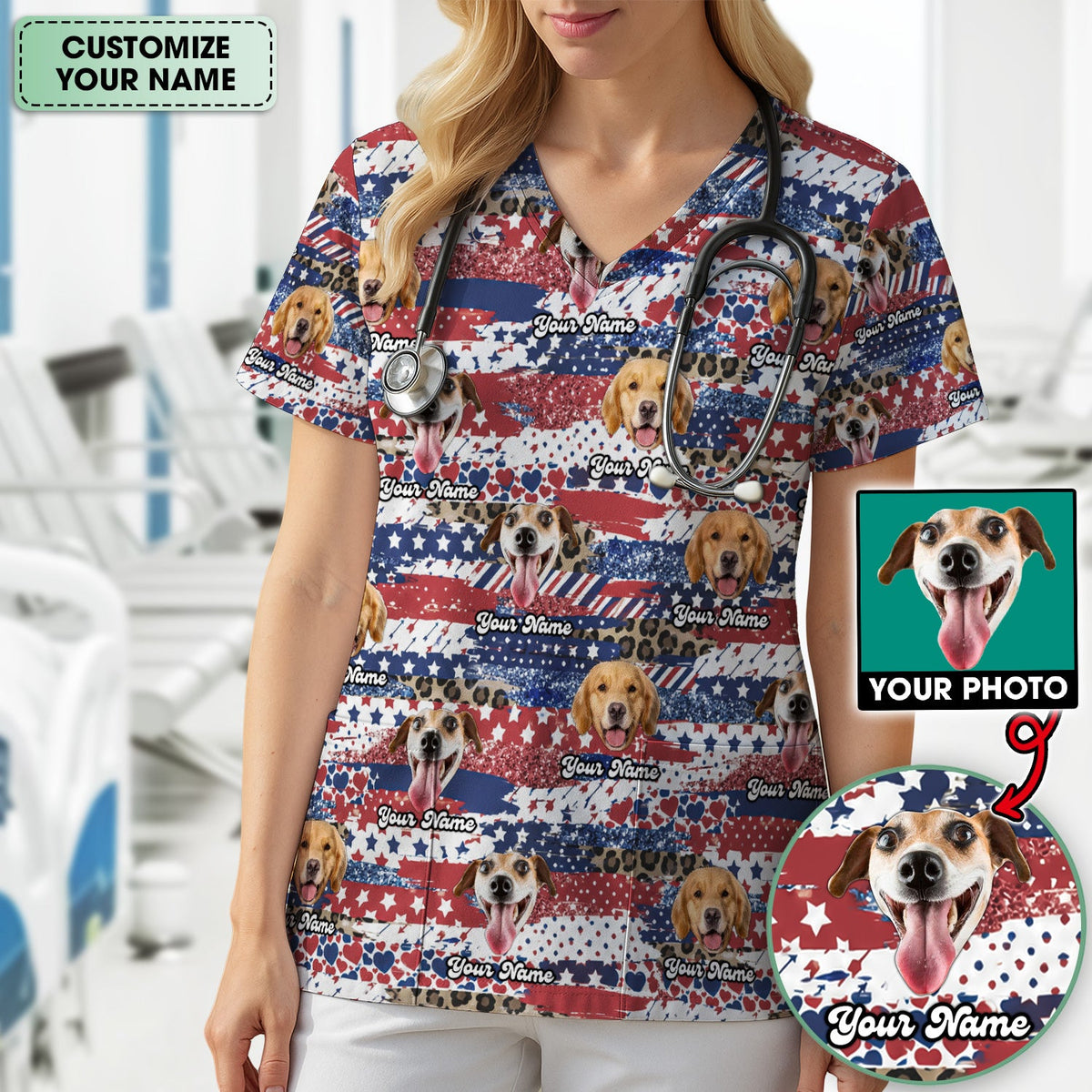 Dog Photo Flag Nurse Scrub Top