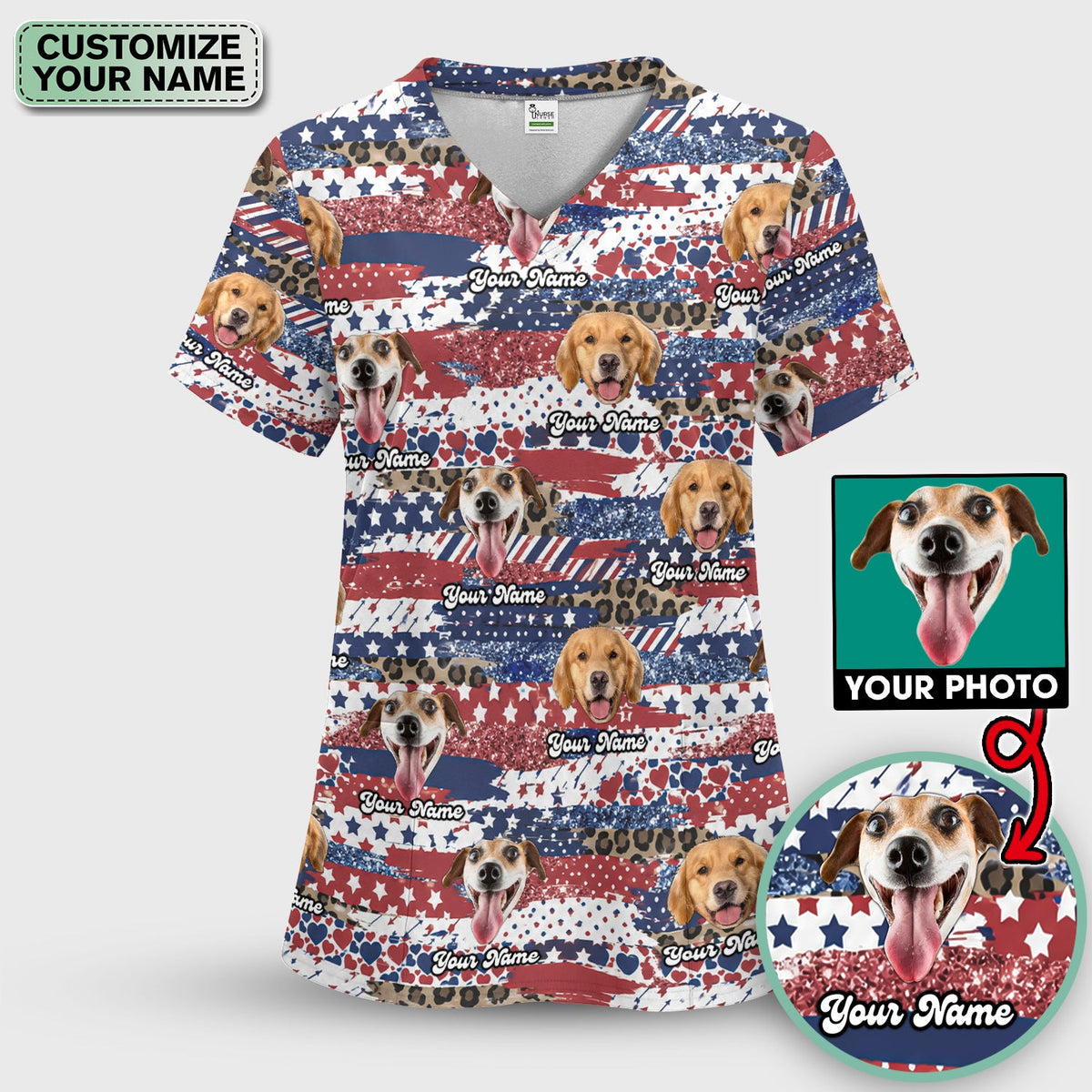 Dog Photo Flag Nurse Scrub Top
