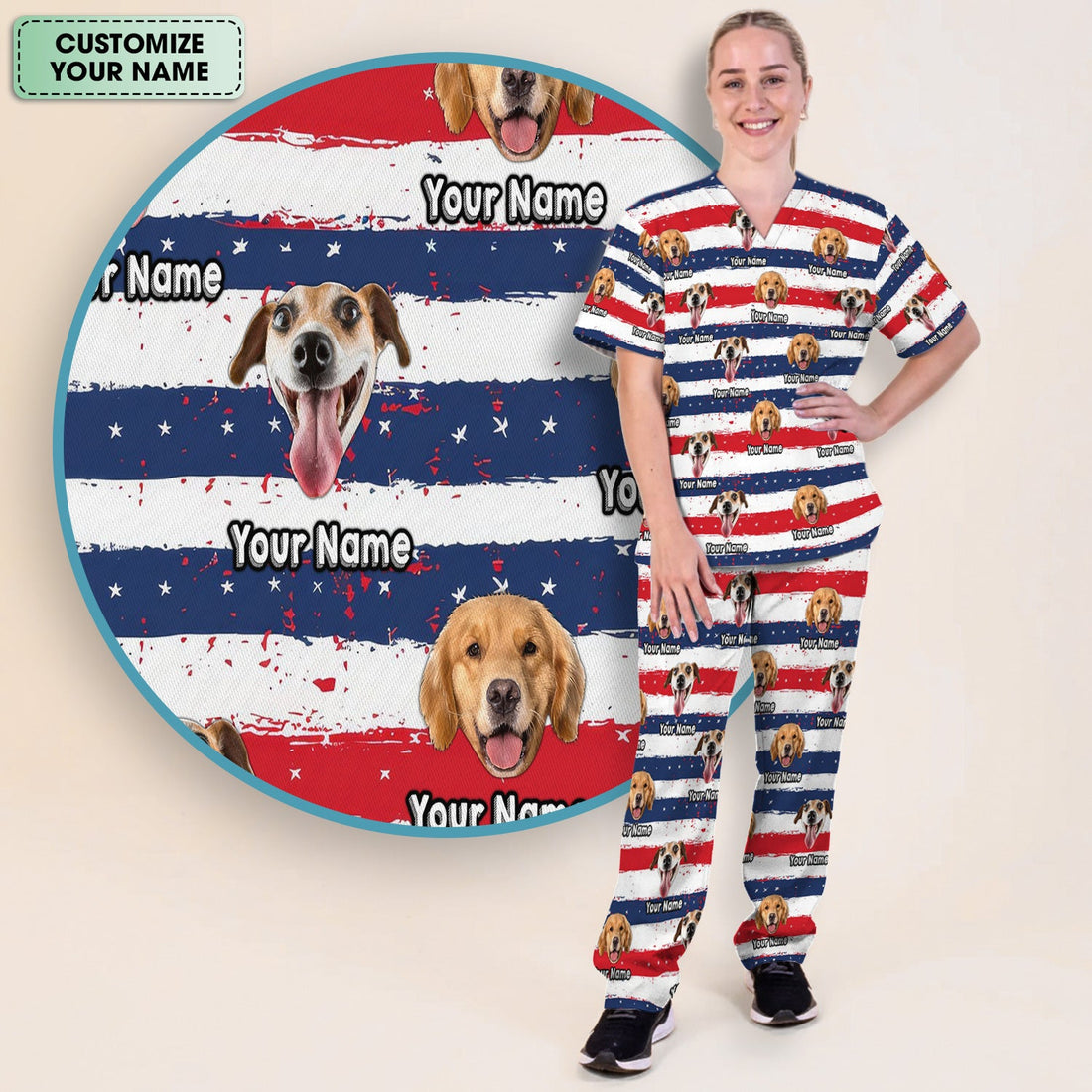 Personalized Dog Flag Stripe Nurse Scrub Set