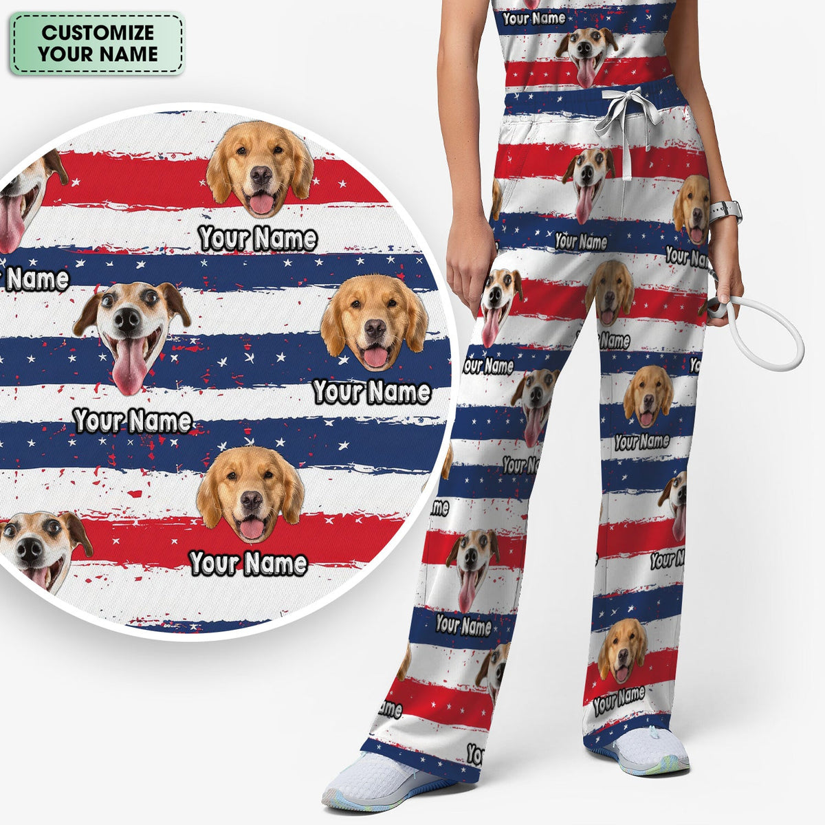 Personalized Dog Flag Stripe Nurse Scrub Set