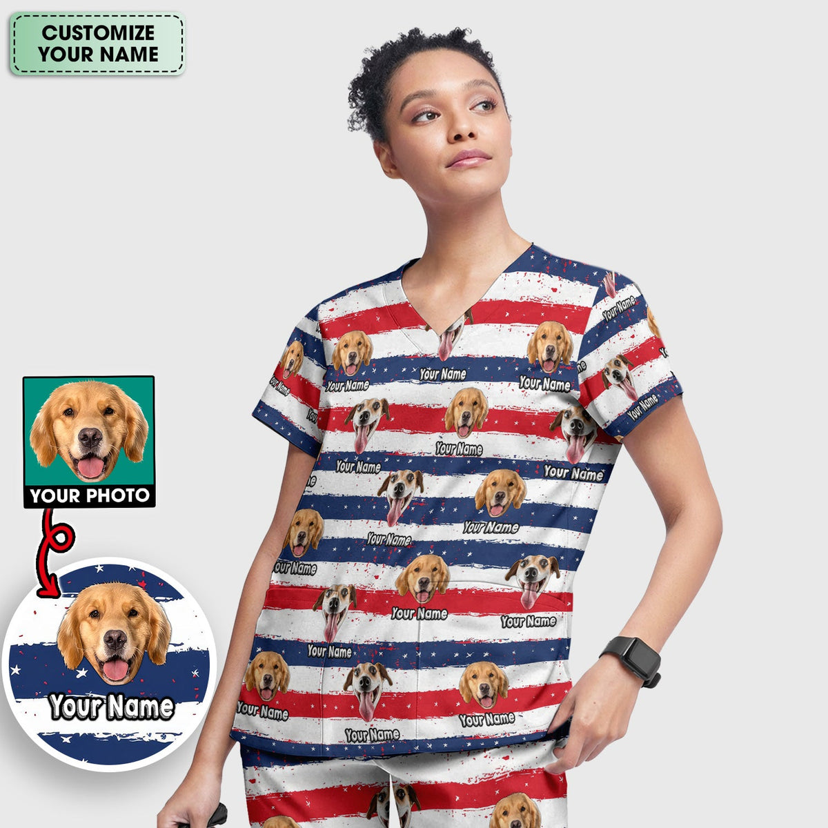 Personalized Dog Flag Stripe Nurse Scrub Set