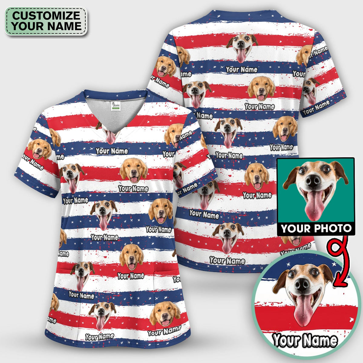 Personalized Dog Flag Stripe Nurse Scrub Top