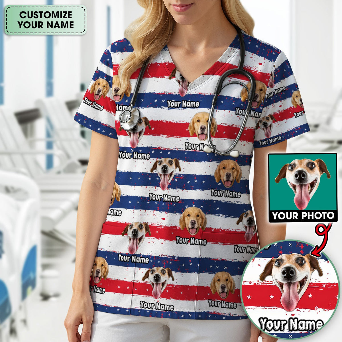 Personalized Dog Flag Stripe Nurse Scrub Top