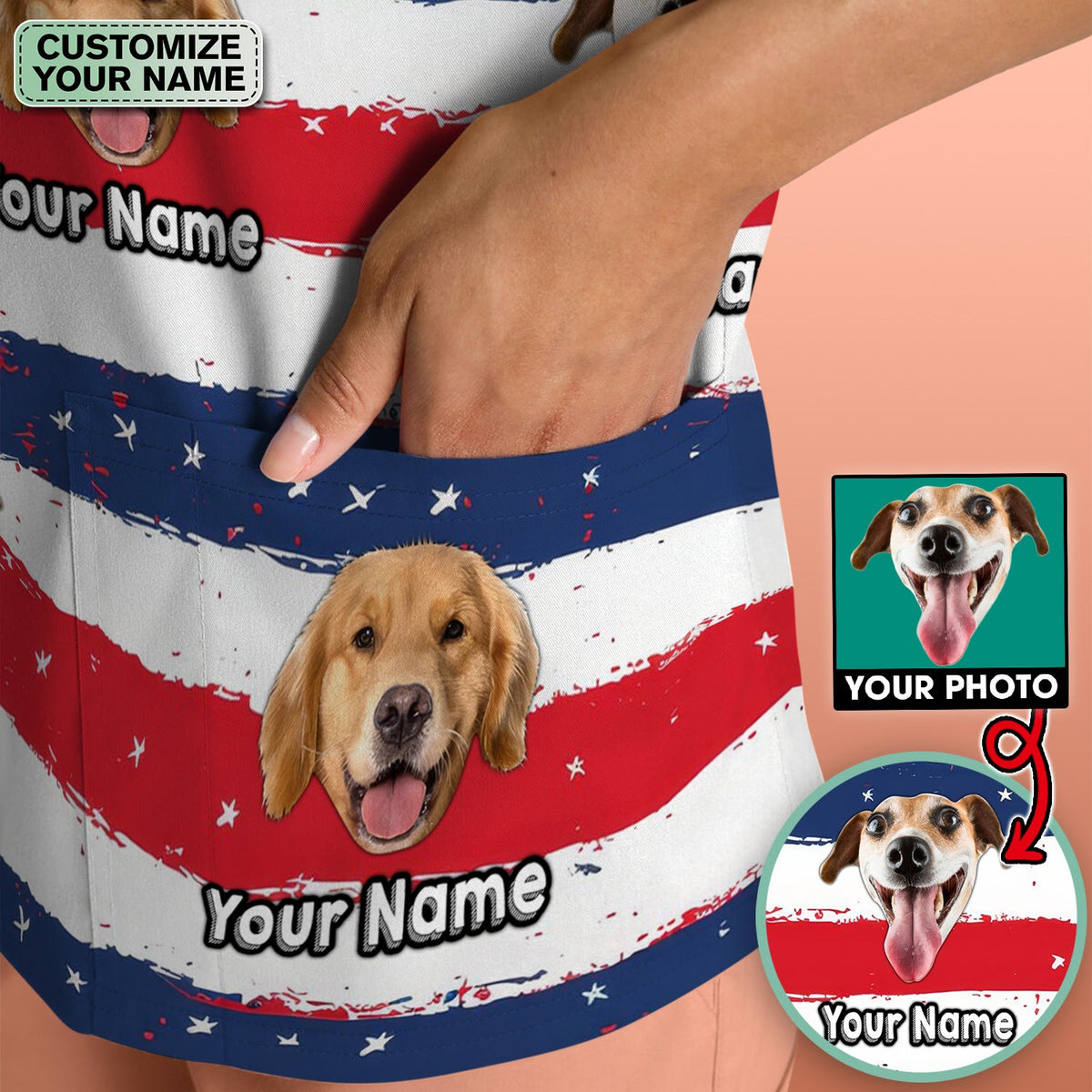 Personalized Dog Flag Stripe Nurse Scrub Top