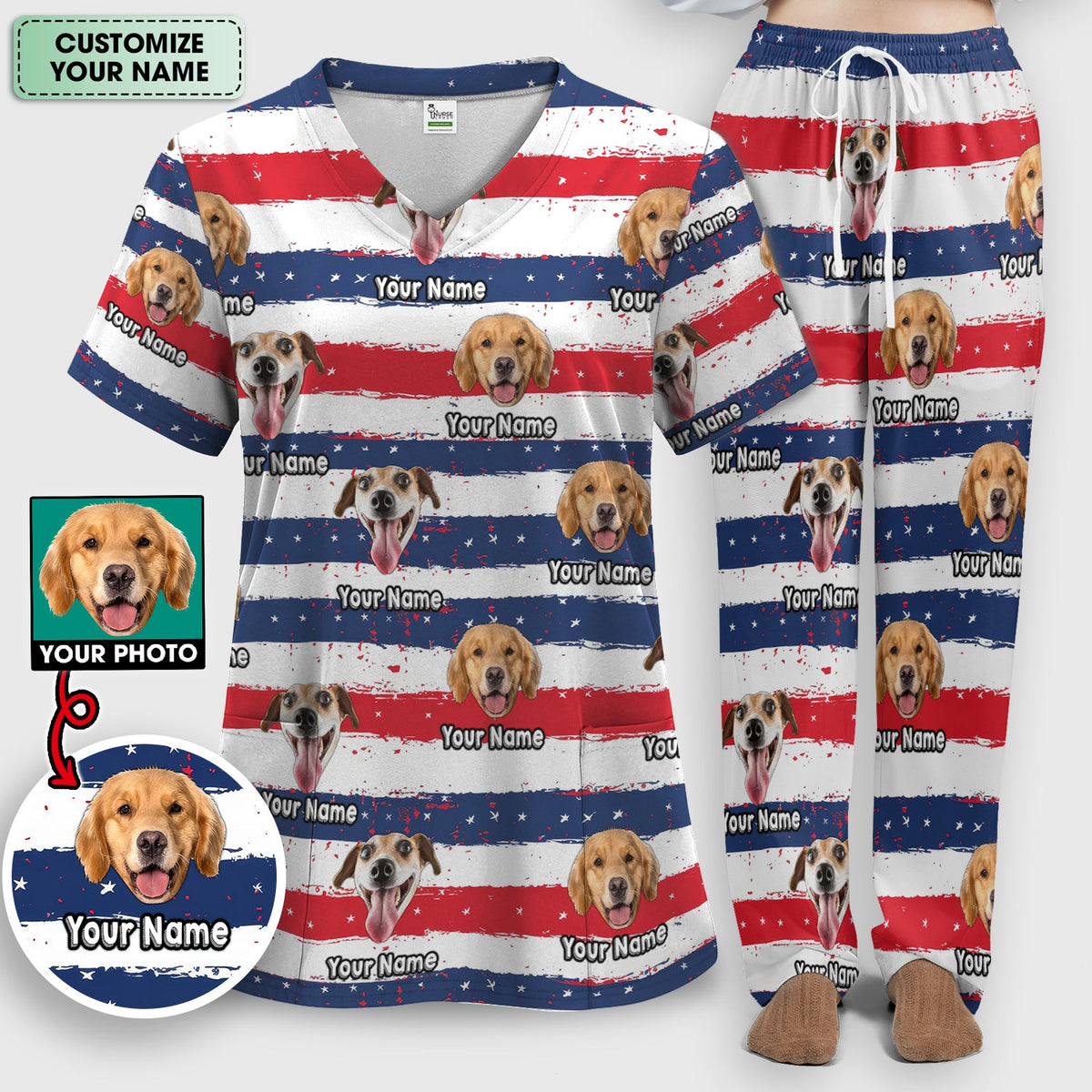 Personalized Dog Flag Stripe Nurse Scrub Set