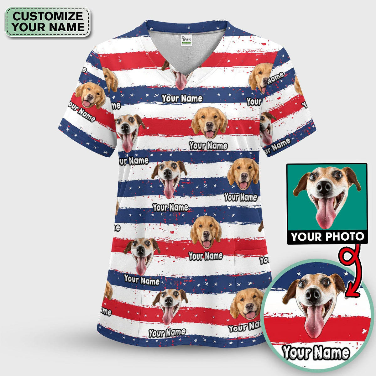 Personalized Dog Flag Stripe Nurse Scrub Top
