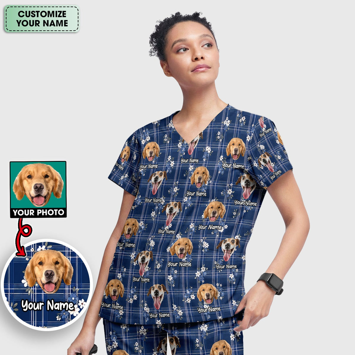 Personalized Dog Face Floral Plaid Nurse Scrub Set
