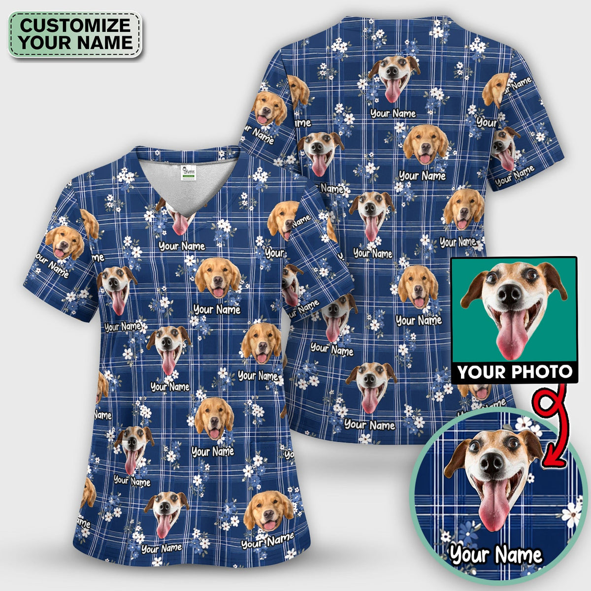 Personalized Dog Face Floral Plaid Nurse Scrub Set