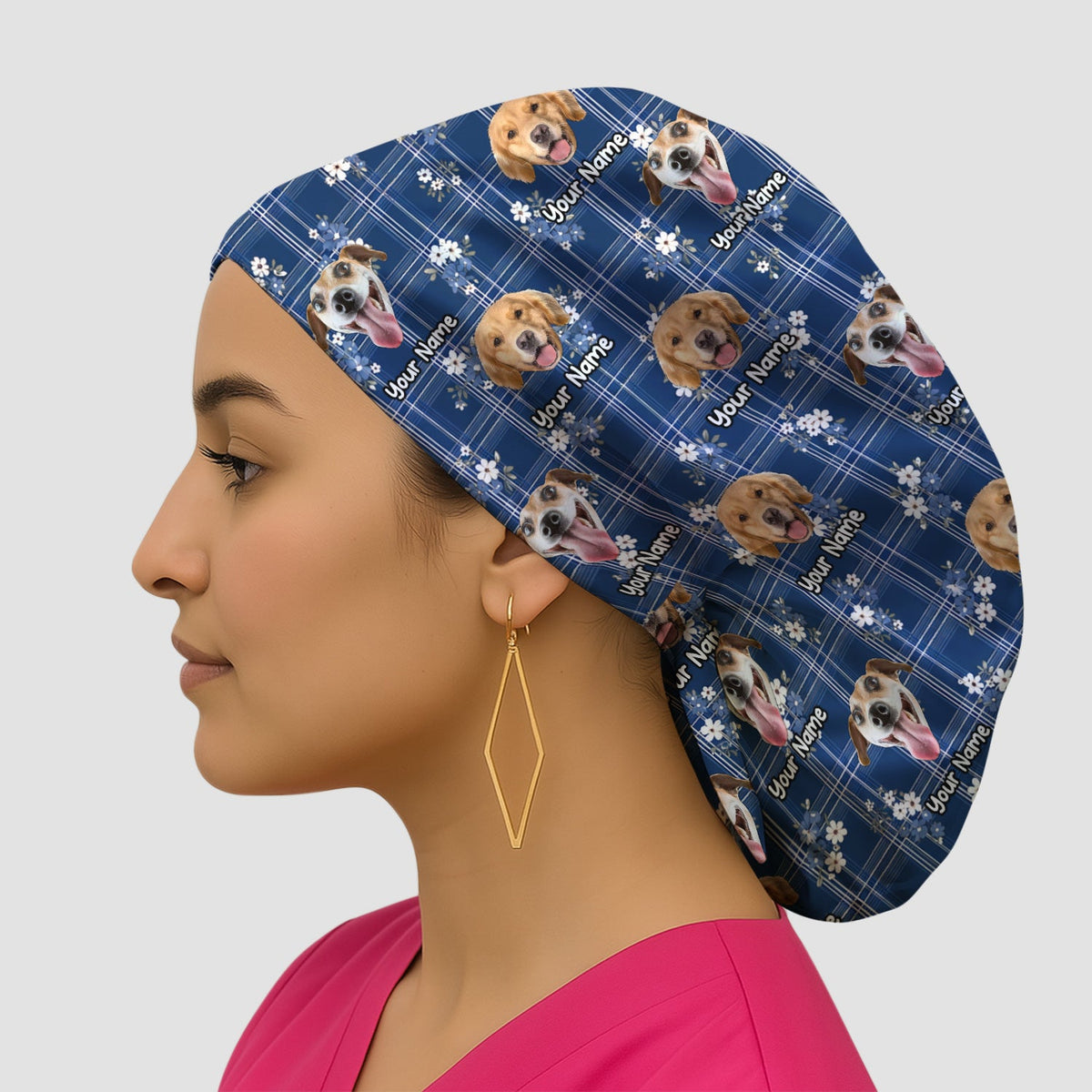 Personalized Dog Face Floral Plaid Scrub Cap