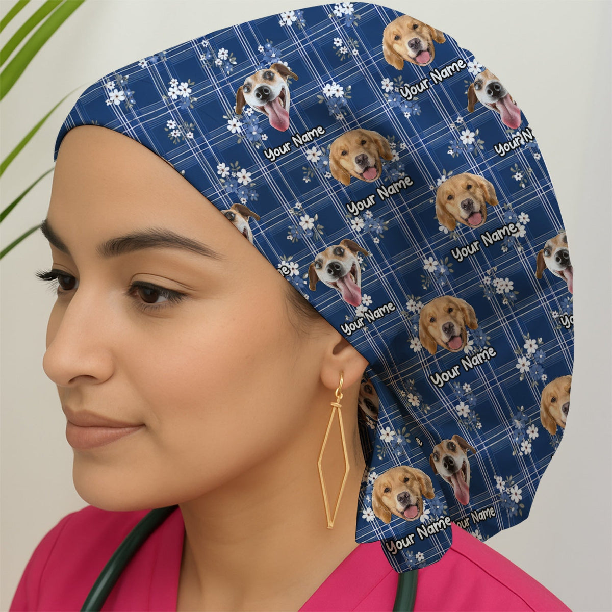 Personalized Dog Face Floral Plaid Scrub Cap