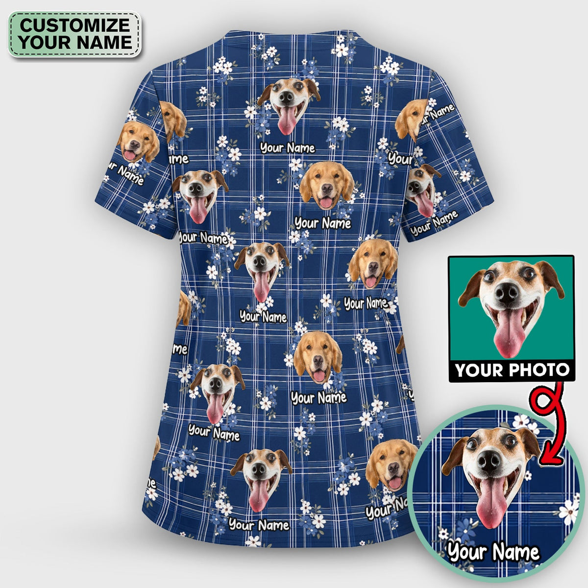 Personalized Dog Face Floral Plaid Nurse Scrub Set