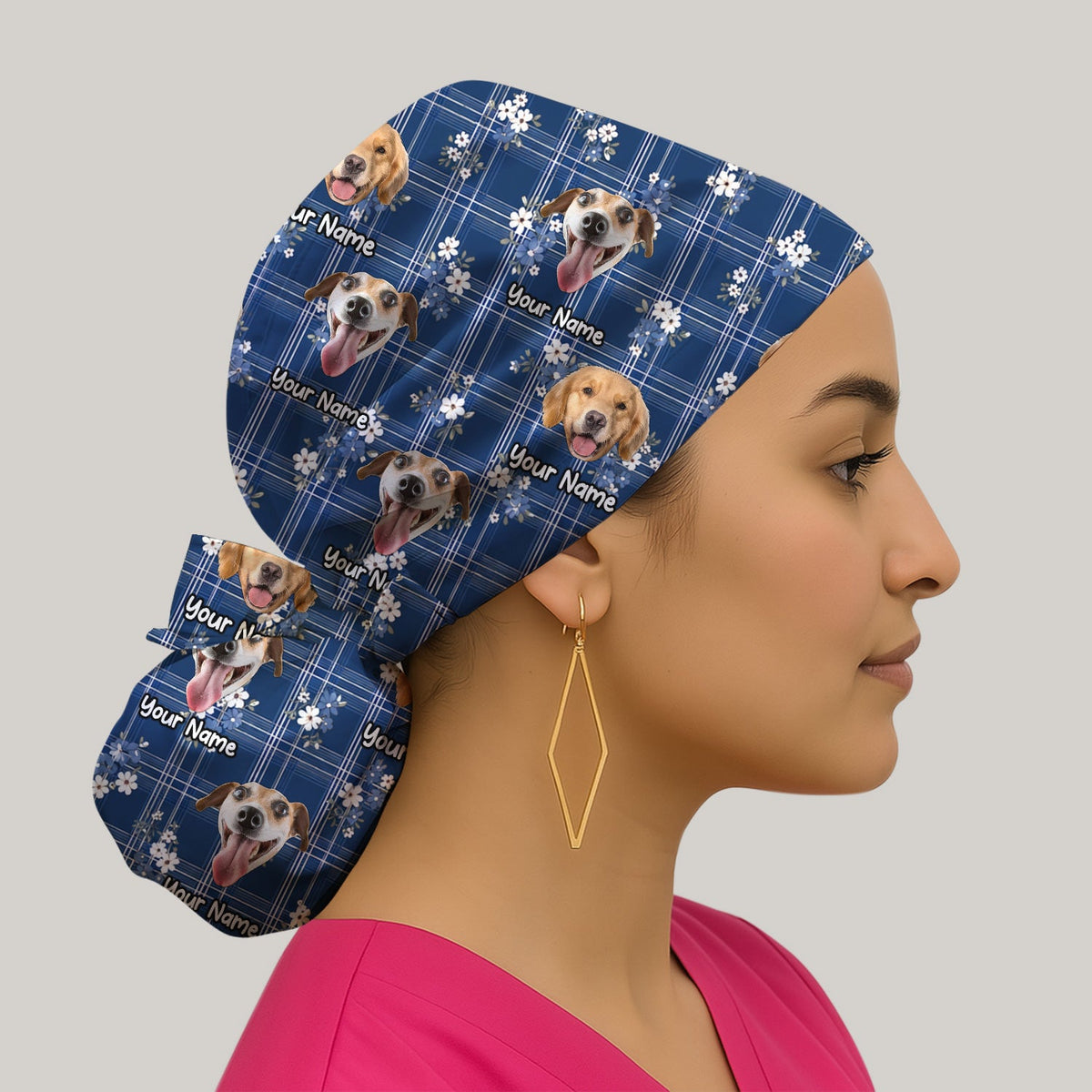 Personalized Dog Face Floral Plaid Scrub Cap
