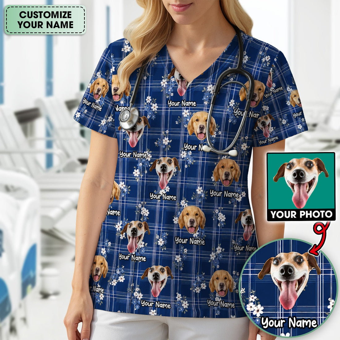 Personalized Dog Face Floral Plaid Nurse Scrub Top