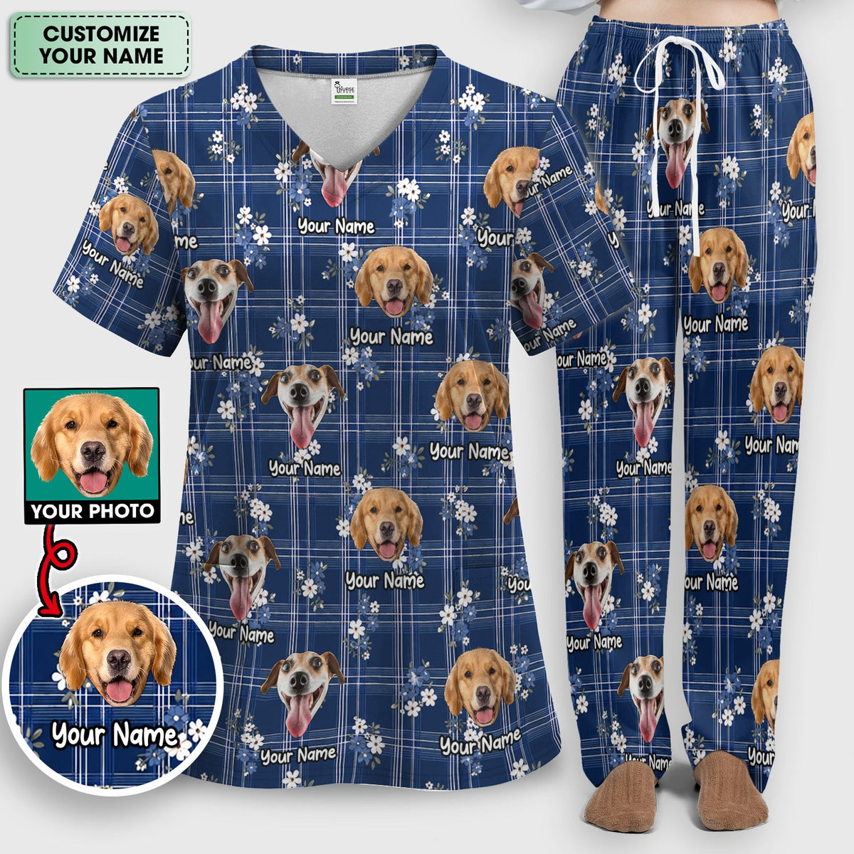 Personalized Dog Face Floral Plaid Nurse Scrub Set