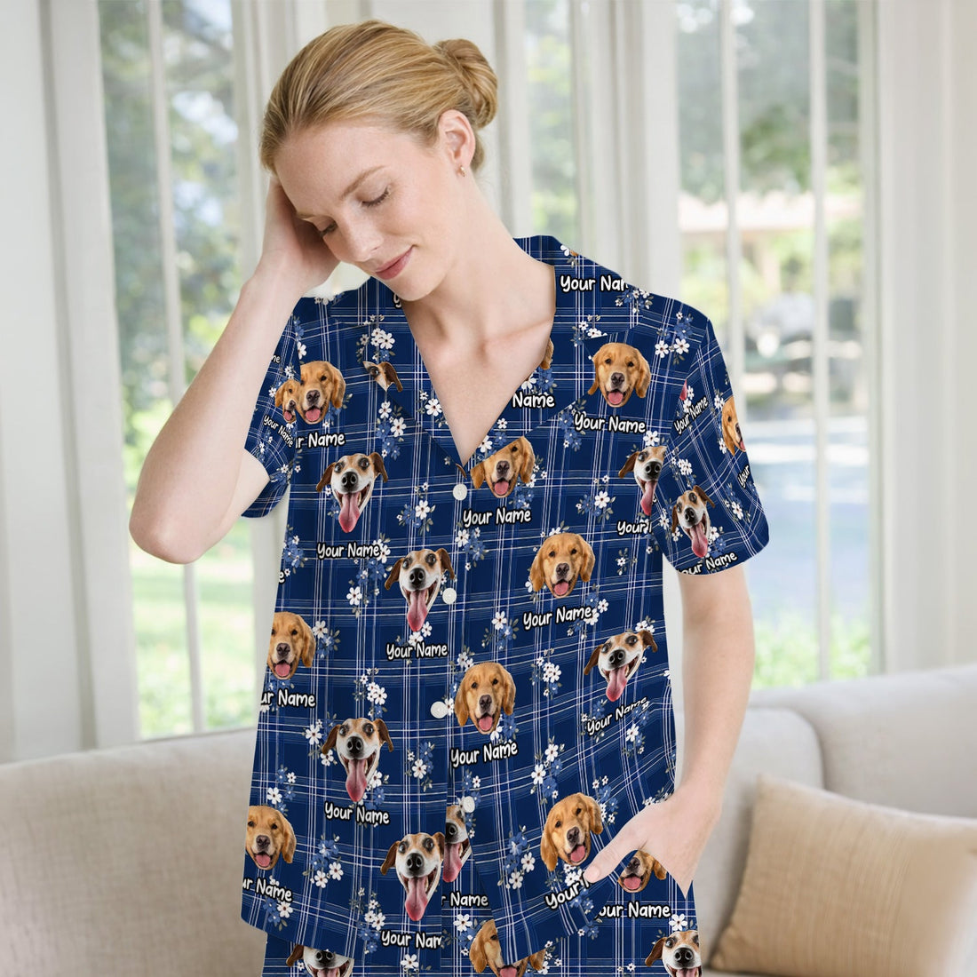 Personalized Dog Face Floral Plaid Pajama Set