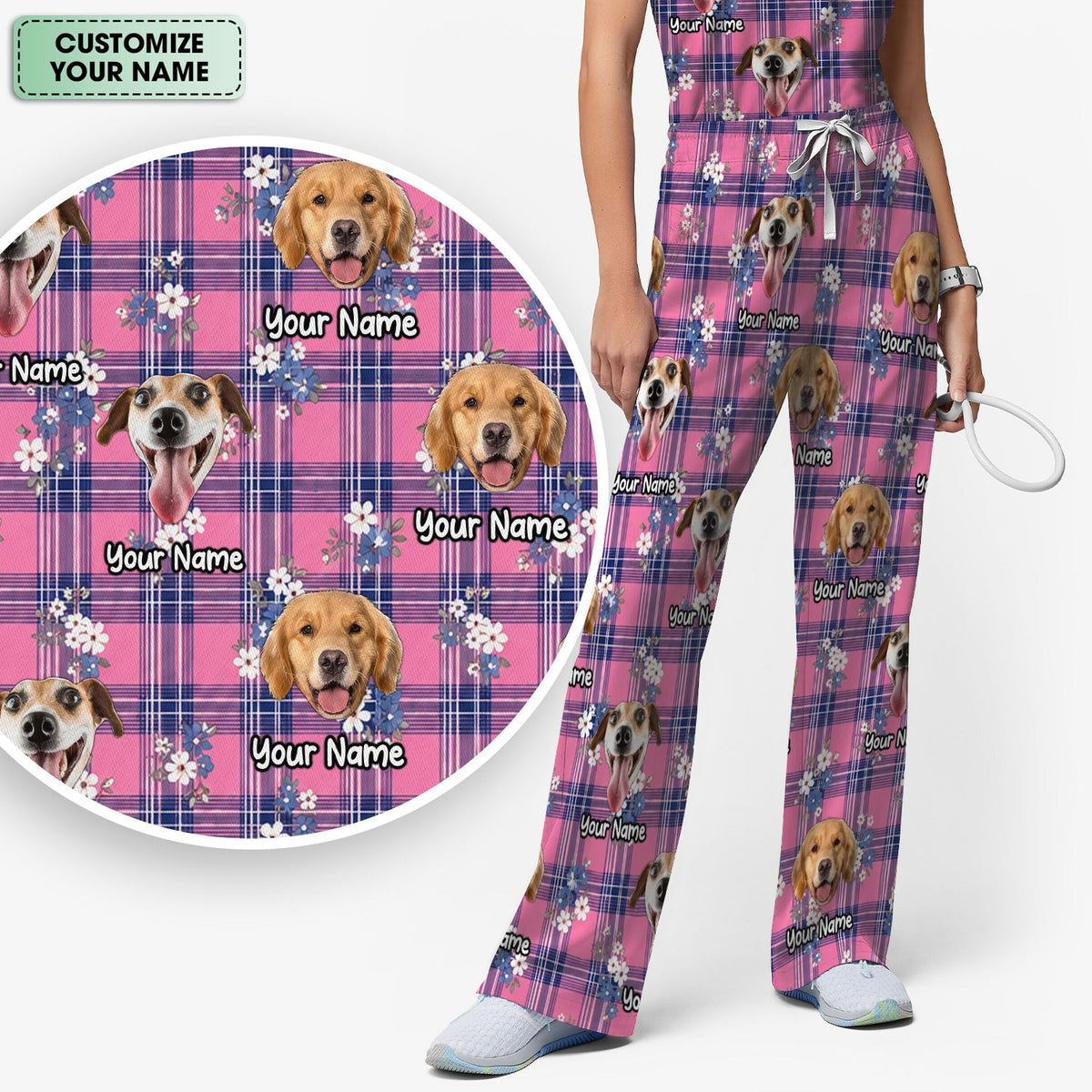 Personalized Dog Face Floral Plaid Nurse Scrub Set