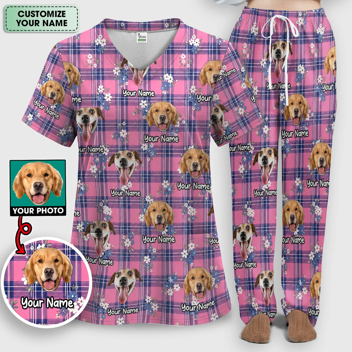 Personalized Dog Face Floral Plaid Nurse Scrub Set