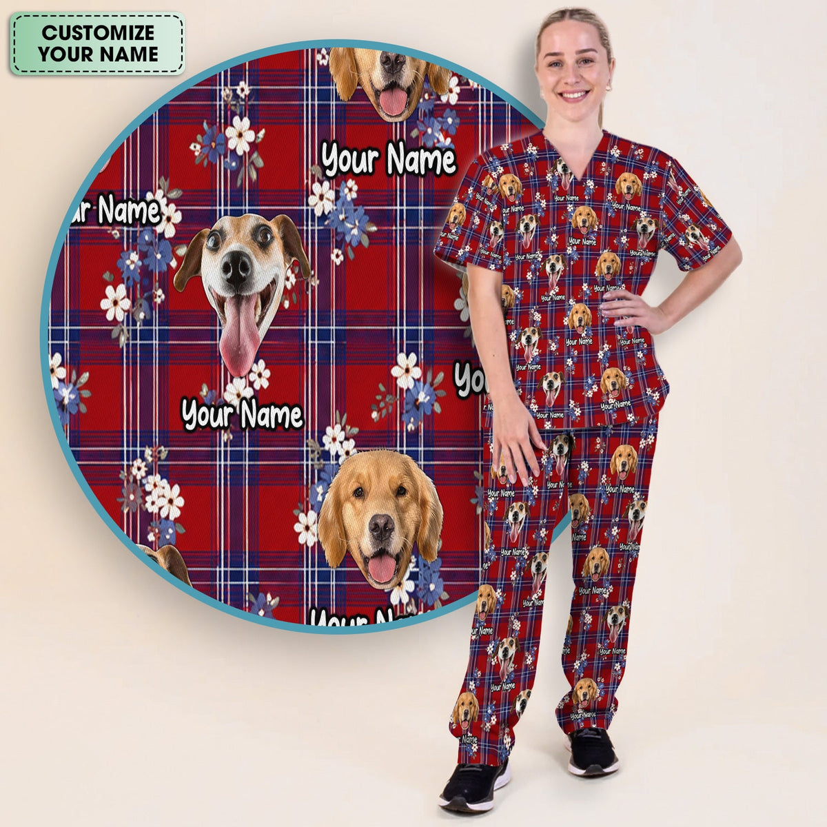 Personalized Dog Face Floral Plaid Nurse Scrub Set