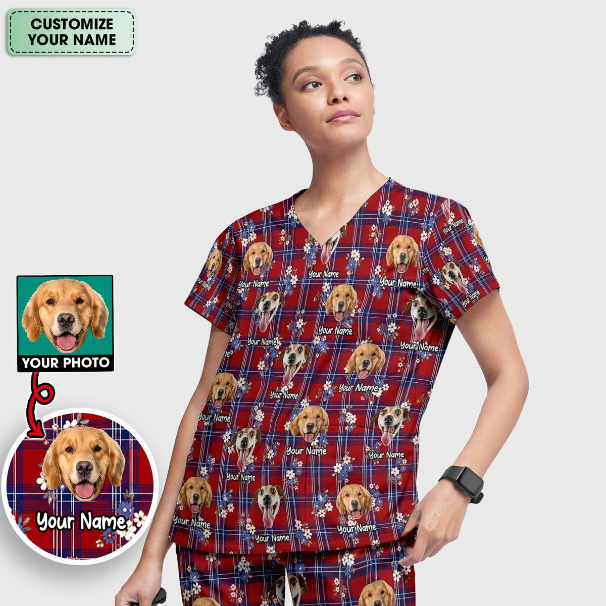 Personalized Dog Face Floral Plaid Nurse Scrub Set