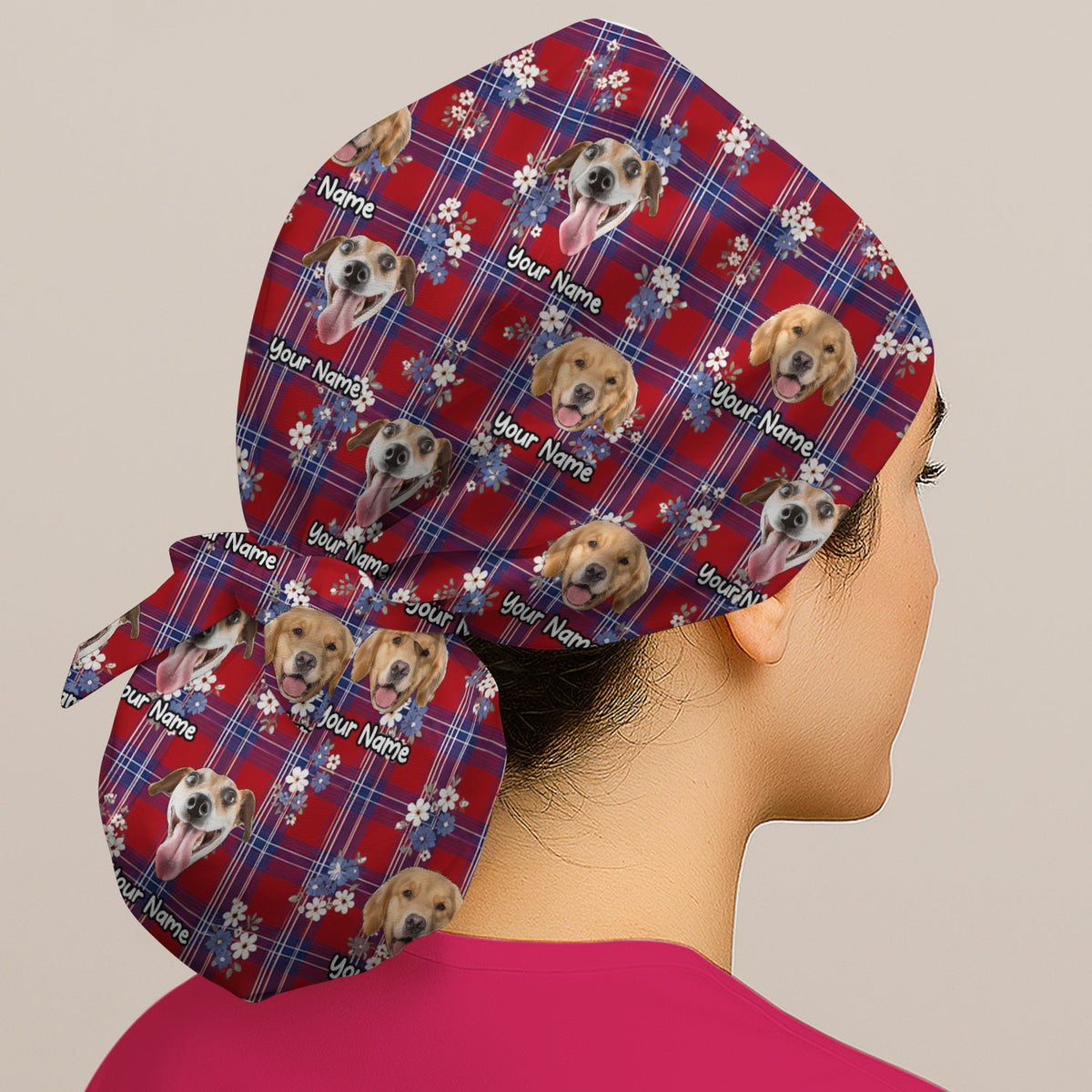 Personalized Dog Face Floral Plaid Scrub Cap