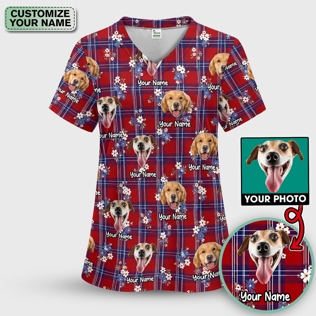 Personalized Dog Face Floral Plaid Nurse Scrub Set