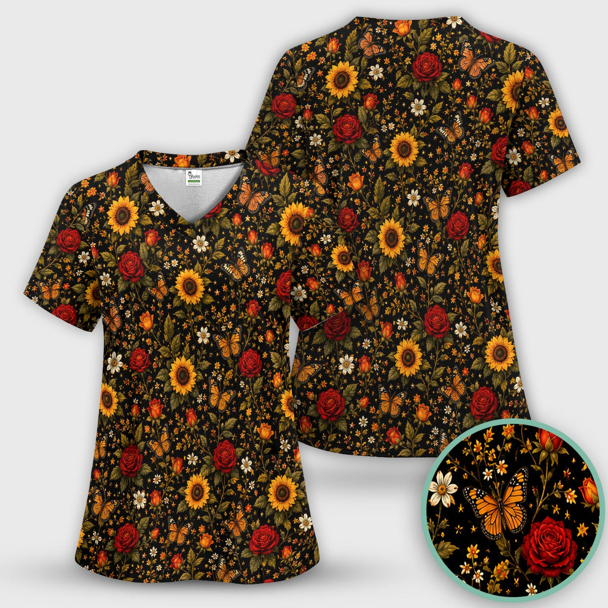 Autumn Sunflower Rose Butterfly Nurse Scrub Top