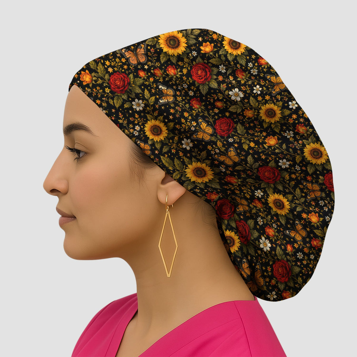 Autumn Sunflower Rose Butterfly Scrub Cap