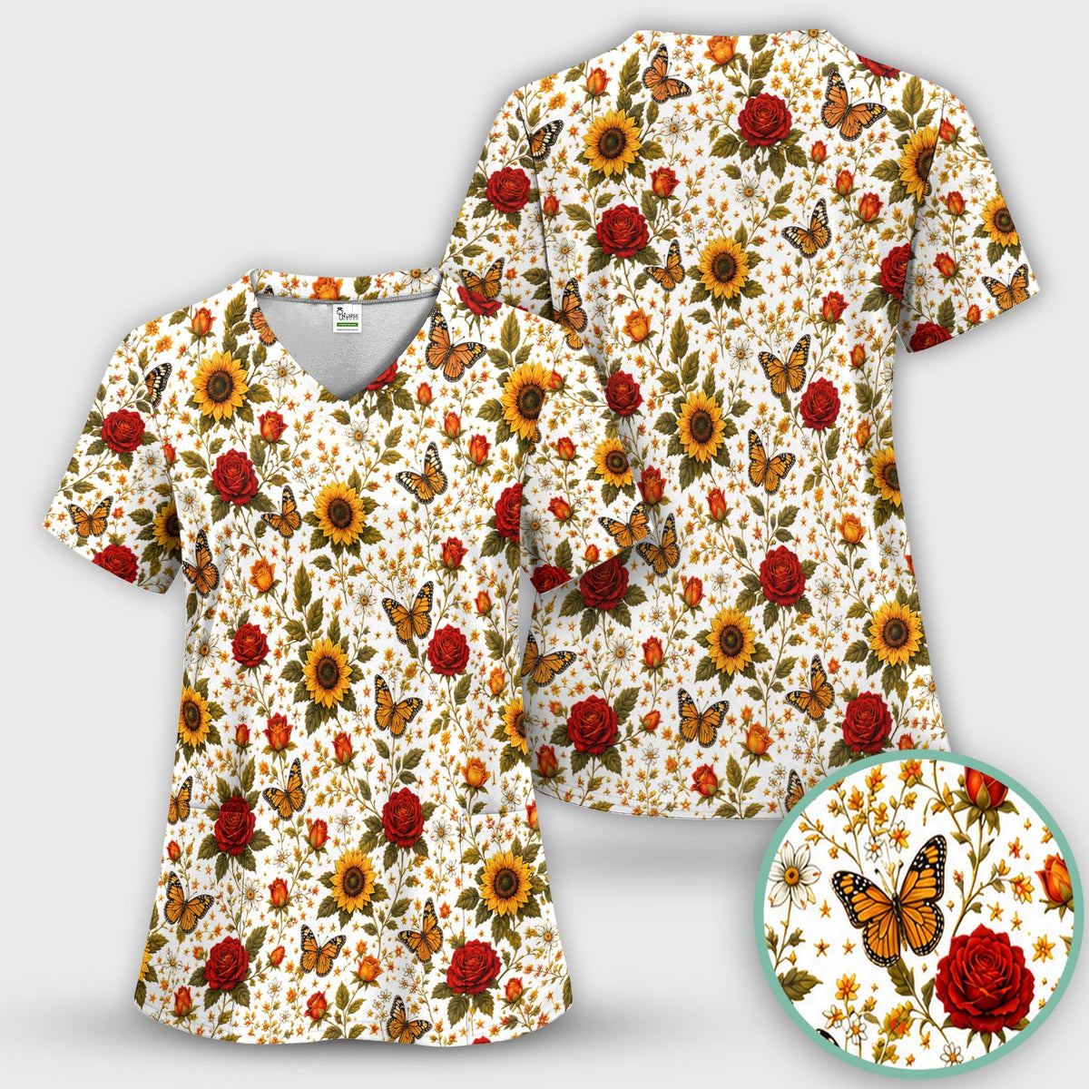 Autumn Sunflower Rose Butterfly Nurse Scrub Top