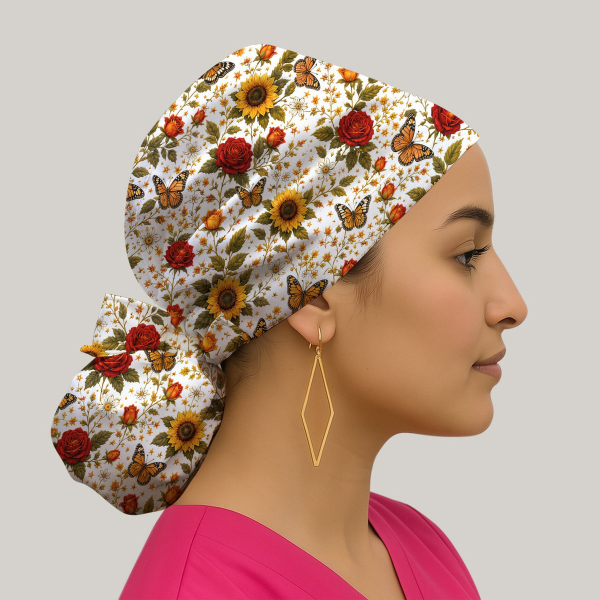 Autumn Sunflower Rose Butterfly Scrub Cap
