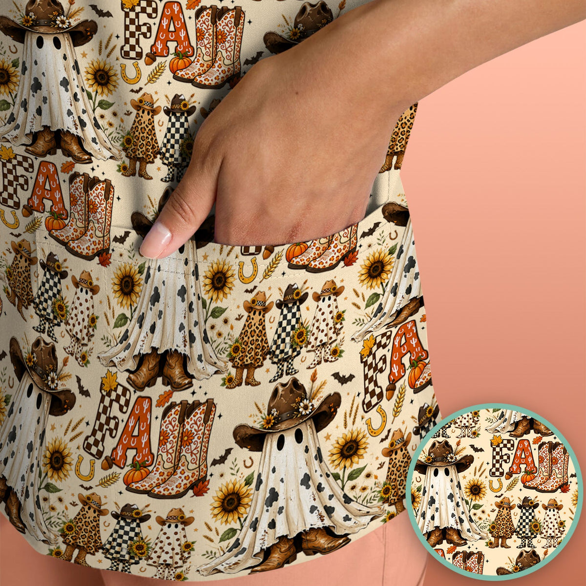 Cowboy Boots Halloween Ghost Nurse Scrub Top