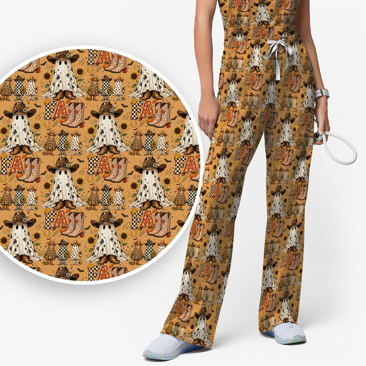 Cowboy Boots Halloween Ghost Nurse Scrub Set