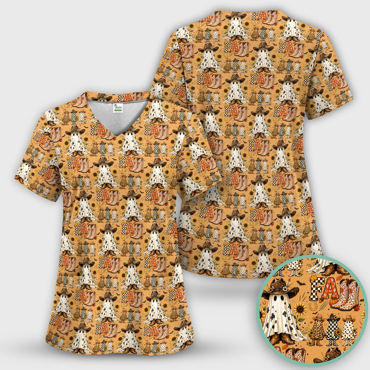 Cowboy Boots Halloween Ghost Nurse Scrub Top