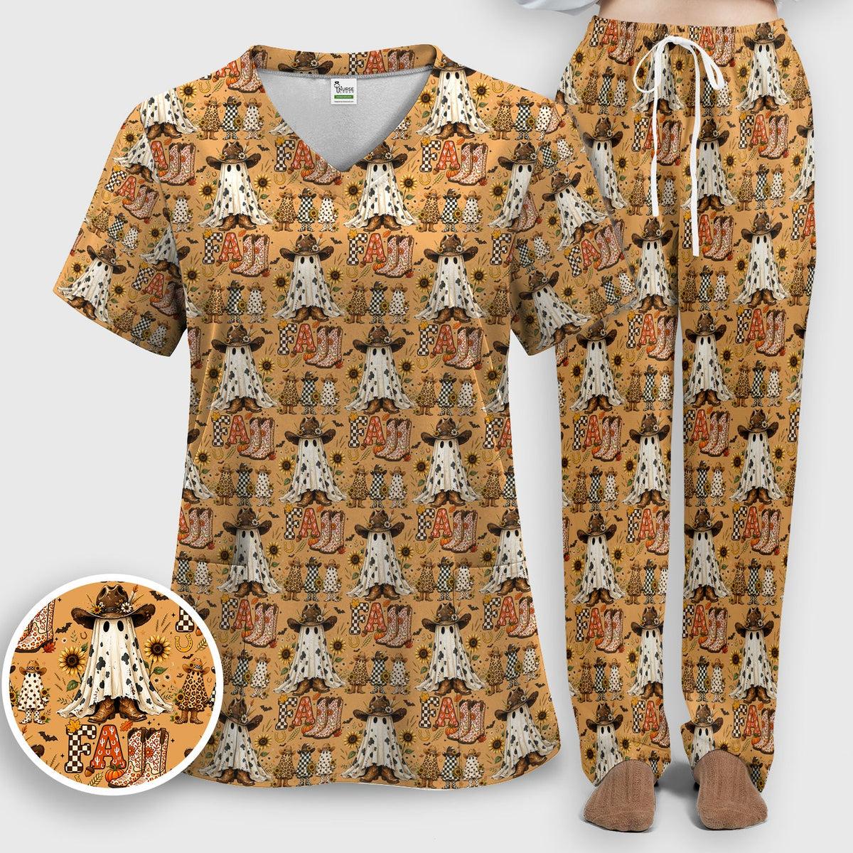 Cowboy Boots Halloween Ghost Nurse Scrub Set