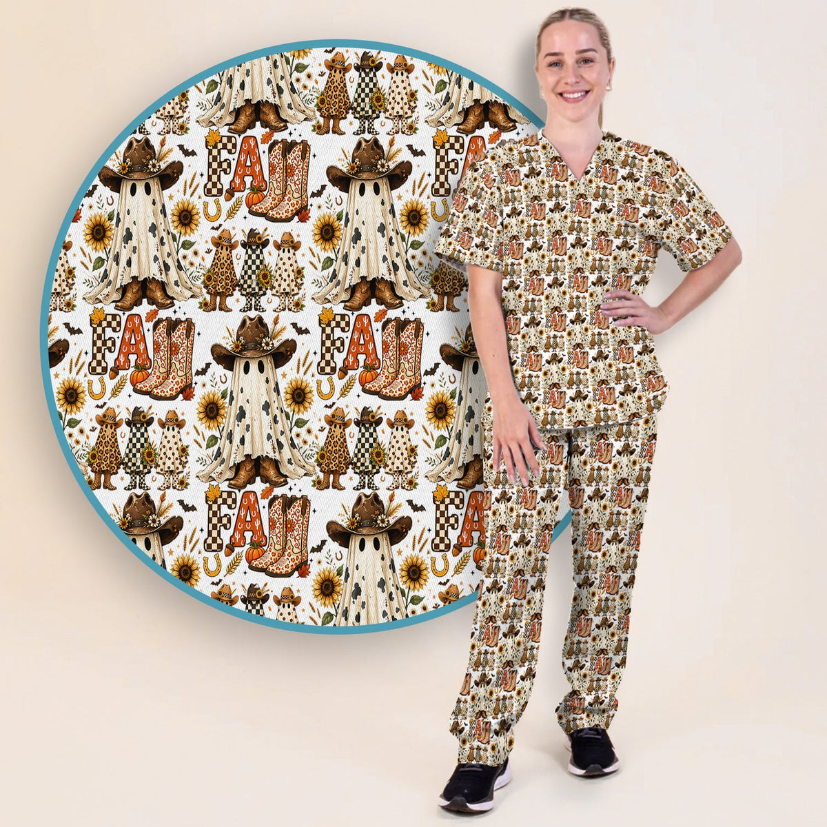 Cowboy Boots Halloween Ghost Nurse Scrub Set