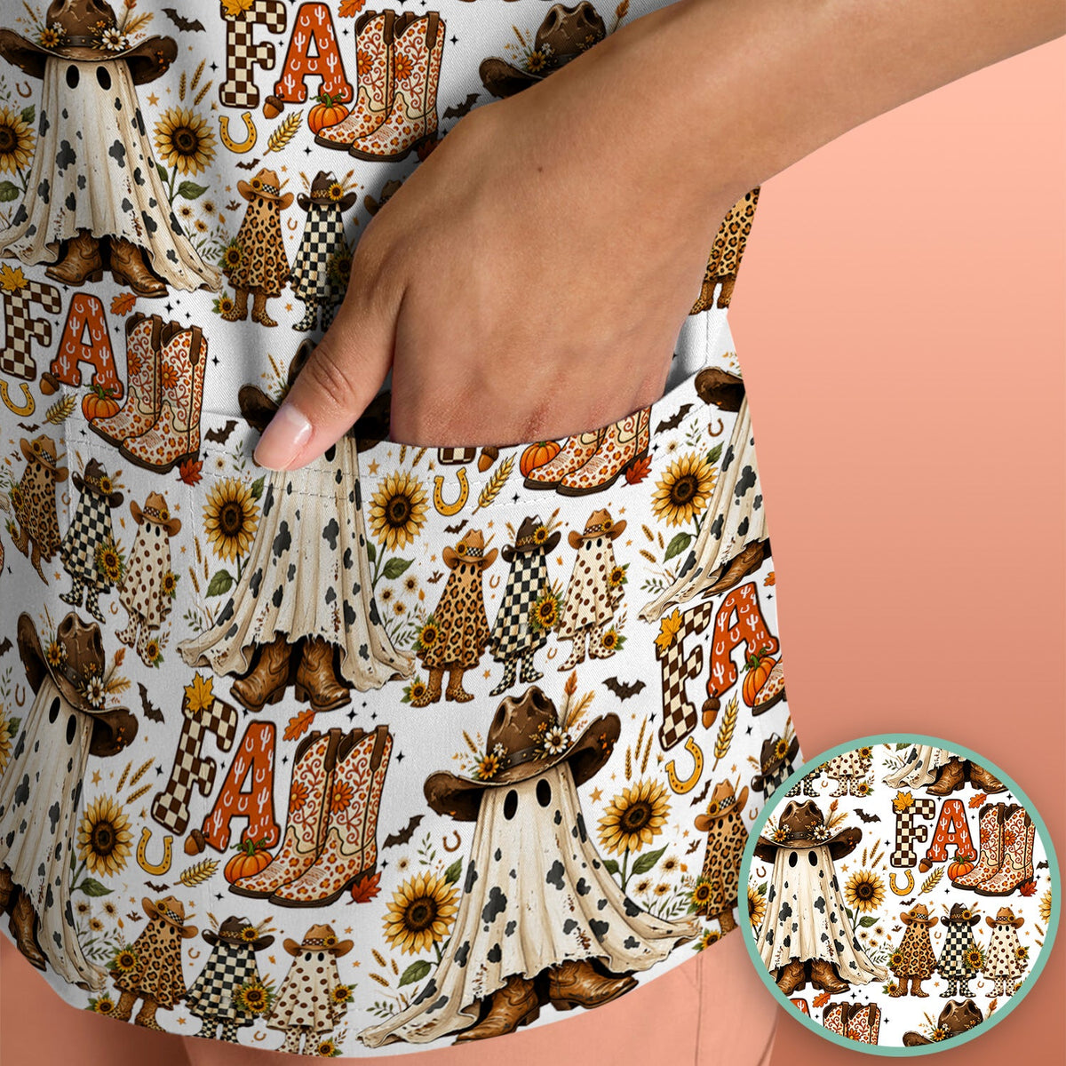Cowboy Boots Halloween Ghost Nurse Scrub Top