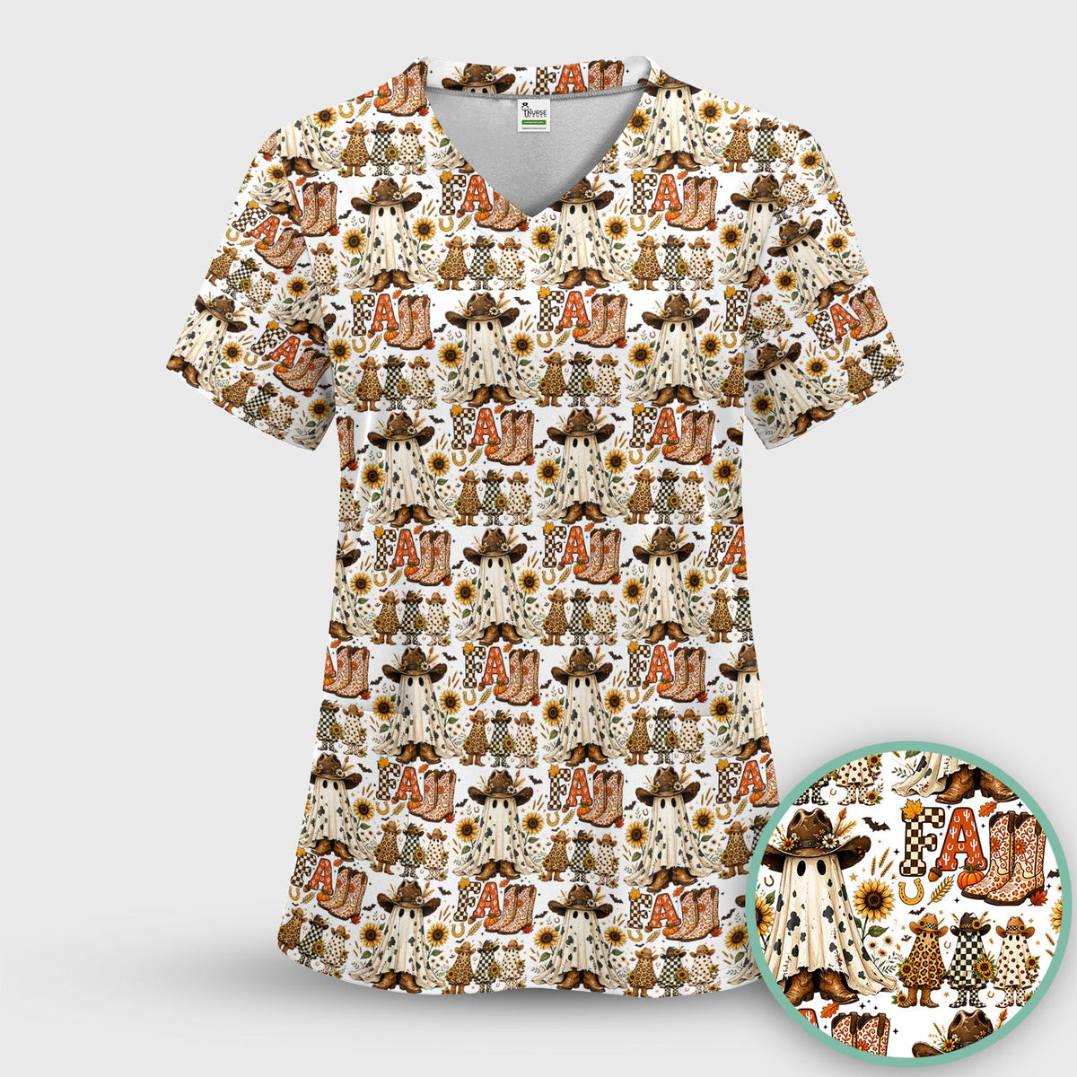 Cowboy Boots Halloween Ghost Nurse Scrub Top